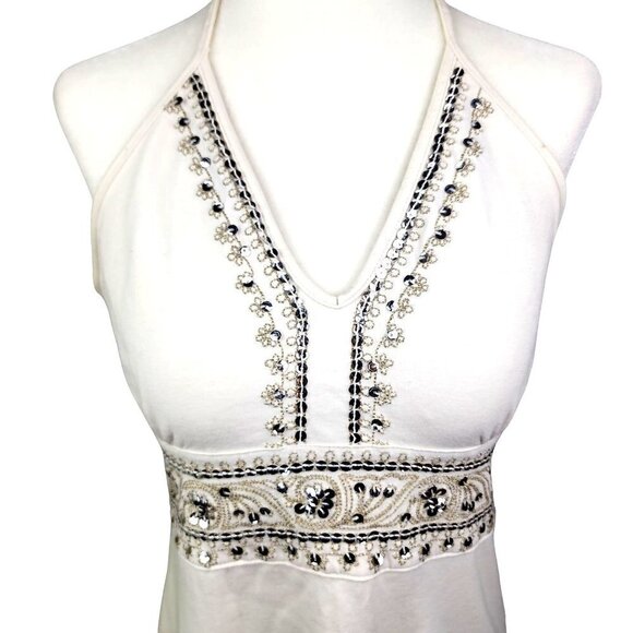 Dynamite Y2K Cream Empire Waist Halter Top Sequin Gold Embroidered Details Large - Picture 2 of 13
